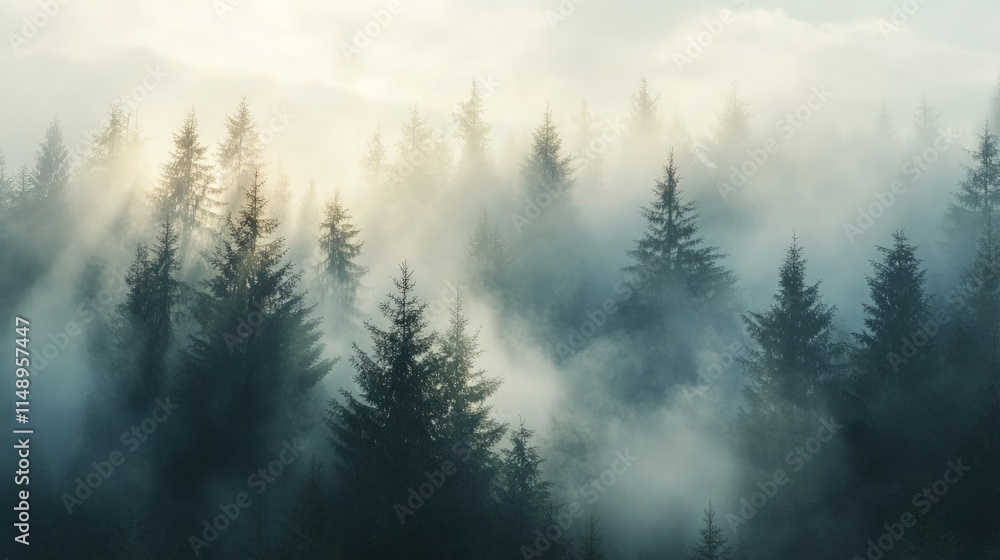 Misty Forest Landscape with Sunlight Breaking Through Trees Misty Forest Landscape with Sunlight Breaking Through Trees