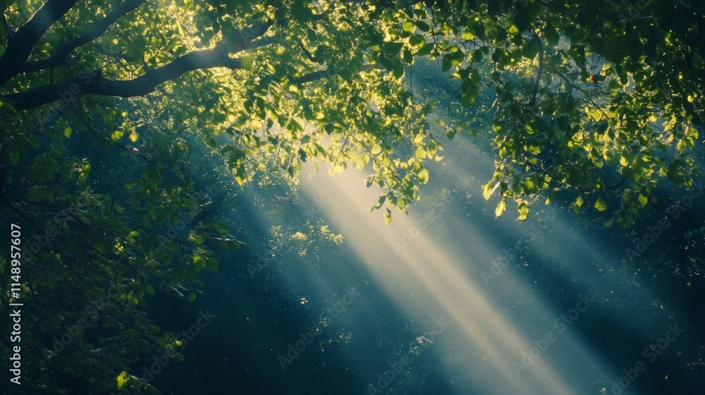 Sunlight Streaming Through Leaves in Lush Green Forest Setting Sunlight Streaming Through Leaves in Lush Green Forest Setting