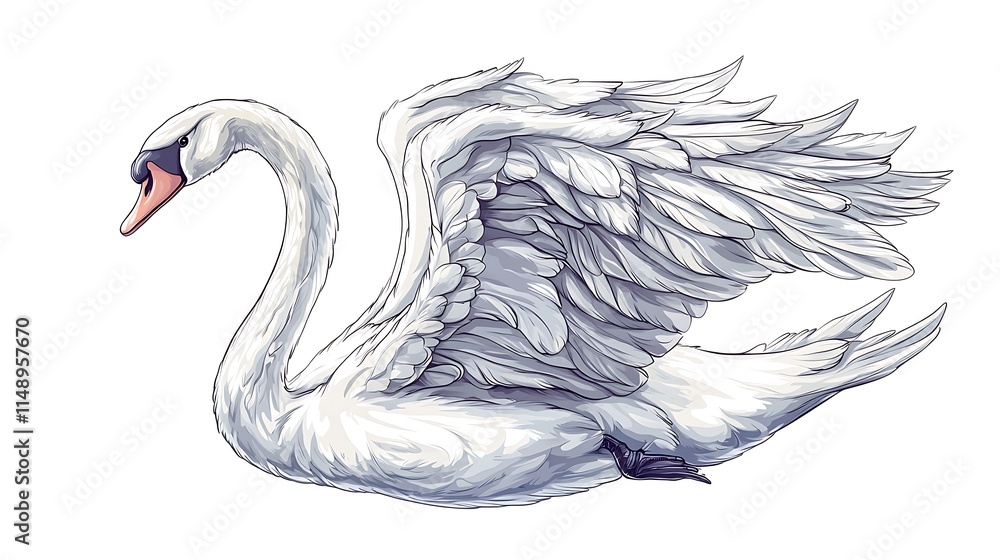 Fototapeta premium Elegant white swan in flight, wings spread wide, isolated on white background.