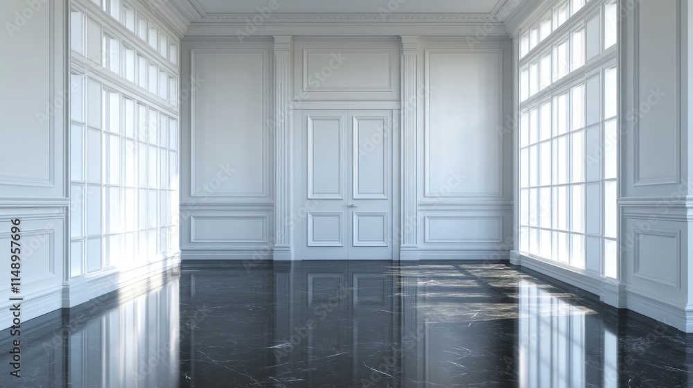 Fototapeta premium Sunlit white room with black marble floor and large windows.
