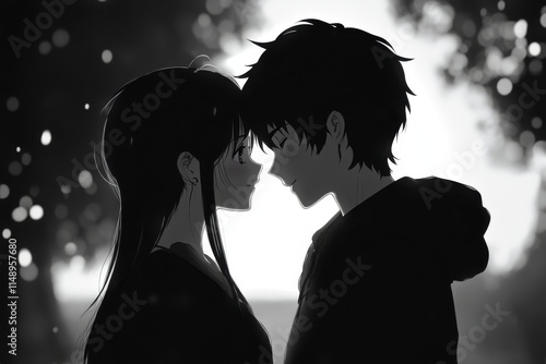 Couple in love in anime cartoon style, black and white, a quiet yet passionate expression of unity.