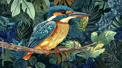 Vibrant kingfisher perched on a branch amidst lush tropical foliage. photo