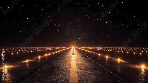 Illuminated airport runway at night with starry sky