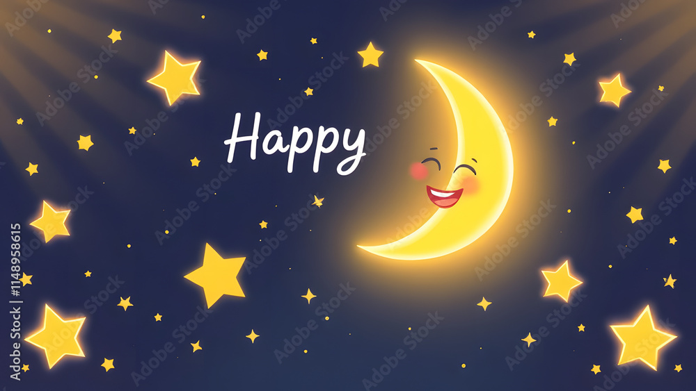 Naklejka premium Happy Smiling Moon and Stars Night Sky Card