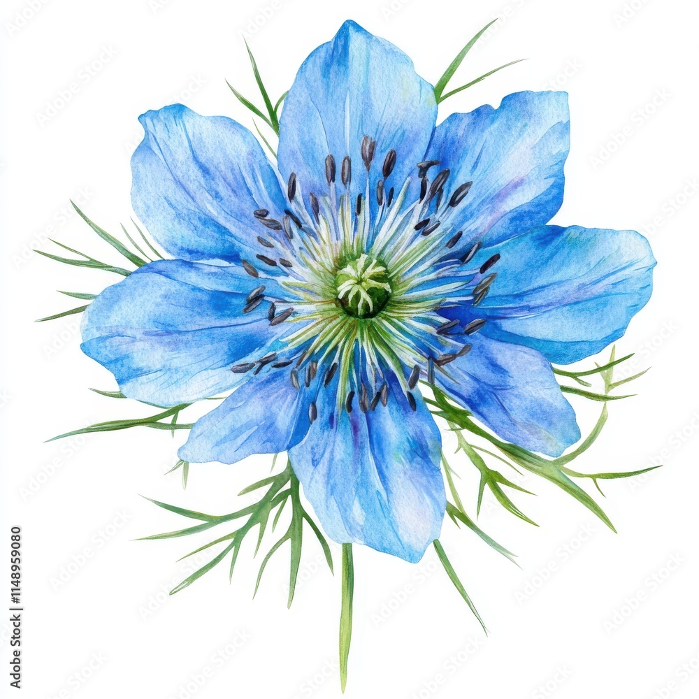 Obraz premium Love in a Mist flower, a delicate watercolor object embodying beauty and tenderness.