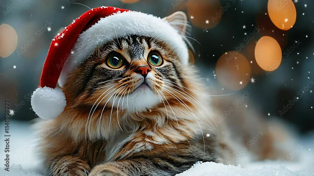 A cute cat with a Santa hat enjoys the snowy Christmas atmosphere. A cute cat with a Santa hat enjoys the snowy Christmas atmosphere.