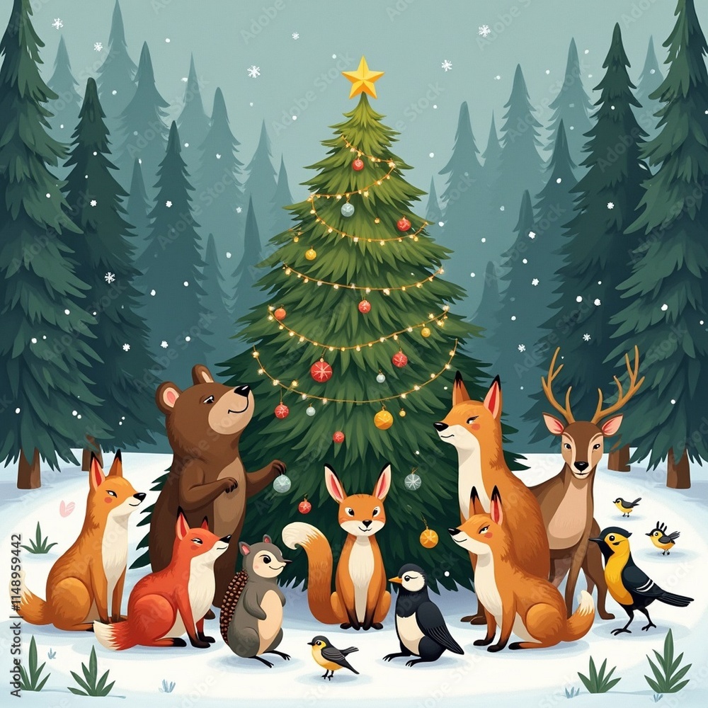 Naklejka premium Image of forest animals under a New Year tree.