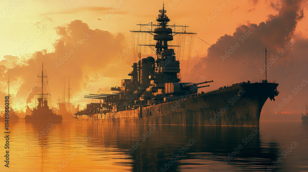 Historic battleship at sunset with dramatic sky and reflections Historic battleship at sunset with dramatic sky and reflections