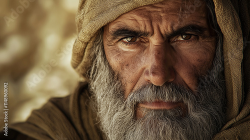 Biblical Portrait of Patriarch with Weathered Face and Beard