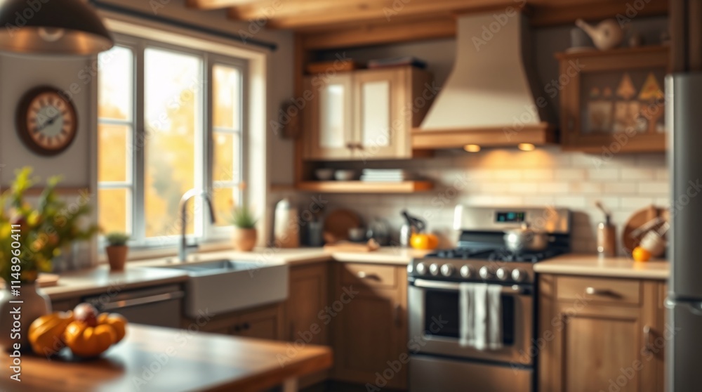 Realistic 3D Render of a Modern Kitchen with Warm Autumnal Colors and Cozy Bokeh Effect. Realistic 3D Render of a Modern Kitchen with Warm Autumnal Colors and Cozy Bokeh Effect.