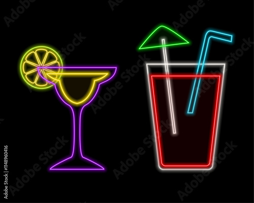 Neon icon of two wine glasses with hearts isolated on black background. Blue and pink colours. St. Valentine Day, dating, cafe, love date, alcohole concept. Illustration. photo