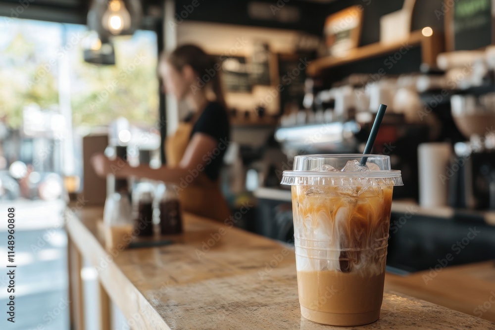 Barista preparing drinks behind counter with iced coffee in foreground at urban cafe during daytime Barista preparing drinks behind counter with iced coffee in foreground at urban cafe during daytime