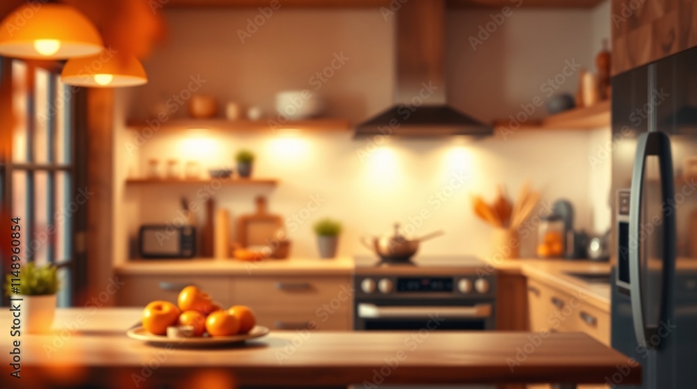Realistic 3D Render of a Modern Kitchen with Warm Autumnal Colors and Cozy Bokeh Effect. Realistic 3D Render of a Modern Kitchen with Warm Autumnal Colors and Cozy Bokeh Effect.