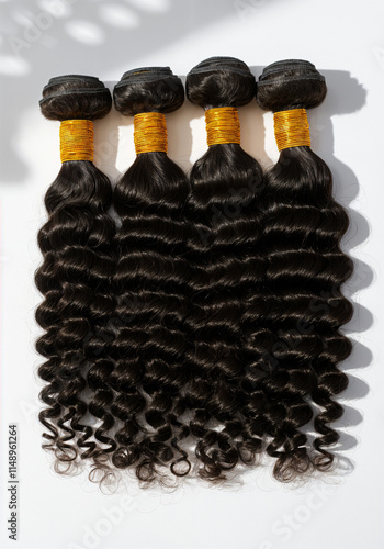 four bundles of deep wave hair extensions on a clean white background