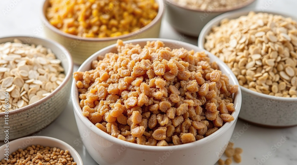 Variety of Different Whole Grains with Brown Rice, Oats, Barley and Quinoa, in Bowls Variety of Different Whole Grains with Brown Rice, Oats, Barley and Quinoa, in Bowls