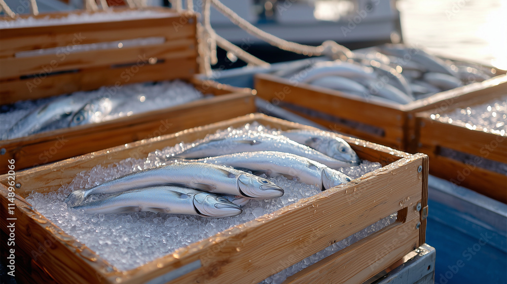 Freshly Caught Fish Displayed in Crates on Ice at Market Scene Freshly Caught Fish Displayed in Crates on Ice at Market Scene