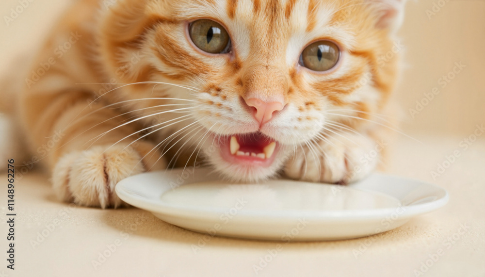 Close-up of a playful orange kitten eagerly pawing at a saucer of milk, refusing to share
Close-up of a playful orange kitten eagerly pawing at a saucer of milk, refusing to share