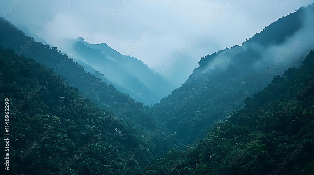 Misty mountain valley with lush green forest. Misty mountain valley with lush green forest.