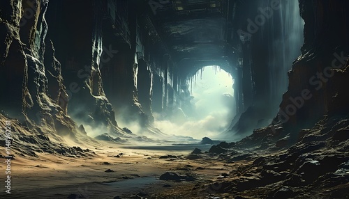 Creepy space base. Unusual shapes of buildings on other planets. Color illustration with mountainous landscapes.