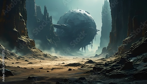 A creepy space spherical base. Unusual shapes of buildings on other planets. Color illustration with mountainous landscapes.