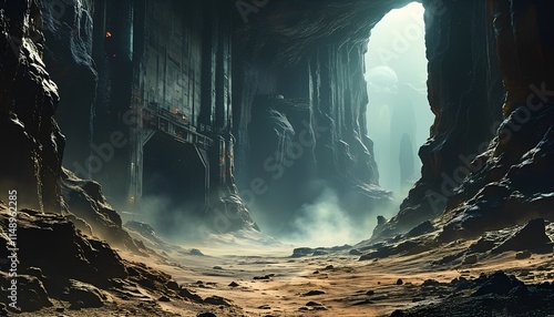 Creepy space base with a giant arch.. Unusual shapes of buildings on other planets. Color illustration with mountainous landscapes.