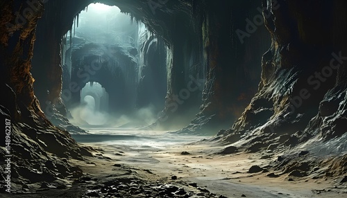 Creepy space base with giant arches. Unusual shapes of buildings on other planets. Color illustration with mountainous landscapes.