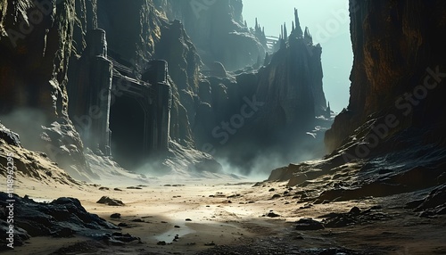 Creepy space bases. Unusual shapes of buildings on other planets. Color illustration with mountainous landscapes.