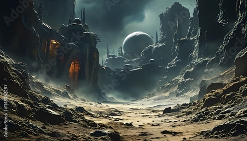 Unusual shapes of buildings on other planets. Creepy space bases. Color illustration with mountainous landscapes.