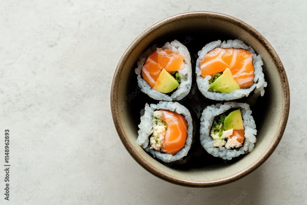 Delicious sushi rolls featuring fresh salmon and avocado in a decorative bowl Delicious sushi rolls featuring fresh salmon and avocado in a decorative bowl