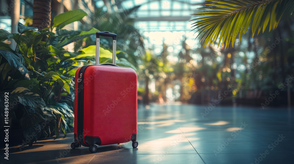 Red suitcase in a sunlit indoor tropical garden Red suitcase in a sunlit indoor tropical garden