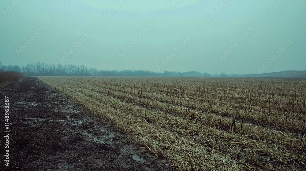 Empty field on overcast day with bare trees in the distance Empty field on overcast day with bare trees in the distance