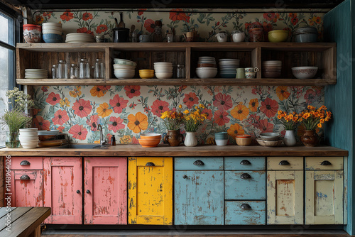 Wallpaper Mural Cuisine Bohème Colorée avec Tapisserie Florale Vive, Armoires Vintage Pastel et Étagères Ouvertes avec Vaisselle Éclectique Torontodigital.ca