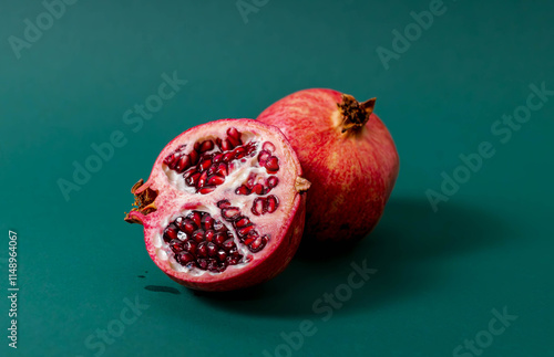 A vibrant pomegranate and a halved pomegranate revealing juicy red seeds, placed on a green background, showcasing freshness and natural beauty