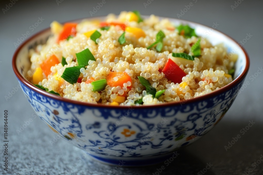 Quinoa salad with fresh vegetables served in a decorative bowl in a bright kitchen setting Quinoa salad with fresh vegetables served in a decorative bowl in a bright kitchen setting