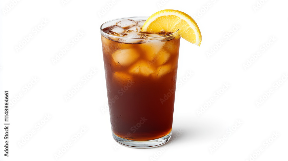 Tall glass features layers of iced tea and lemonade, complemented by a lemon wedge Tall glass features layers of iced tea and lemonade, complemented by a lemon wedge