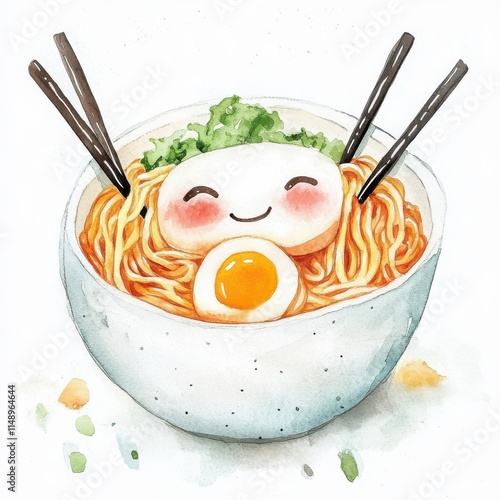 Cute cartoon ramen noodles illustrated in a charming watercolor style. photo