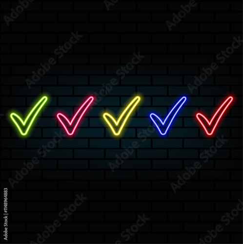 Check mark line symbol neon light. brick background. Vector illustration.