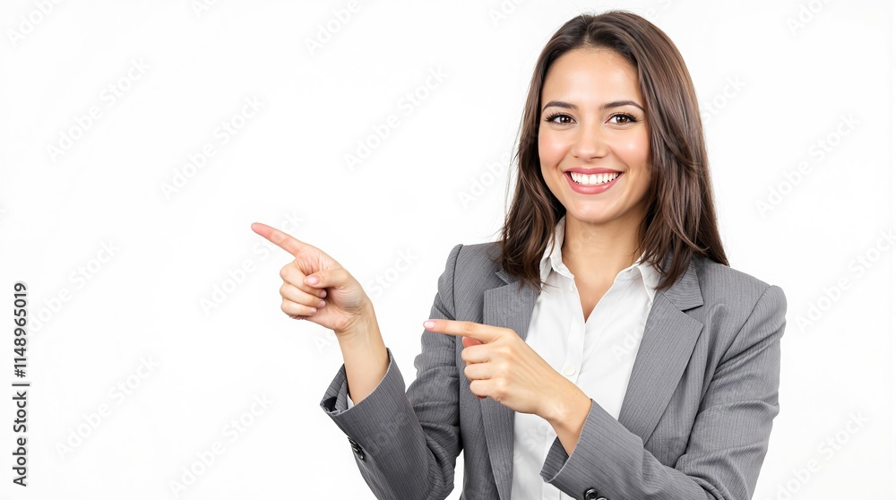 Professional woman in a business suit smiling and pointing to the side in a bright studio setting Professional woman in a business suit smiling and pointing to the side in a bright studio setting