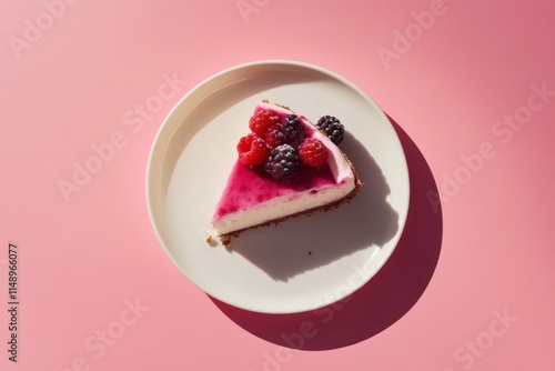 Delicious cheesecake slice topped with fresh berries on a pastel pink background