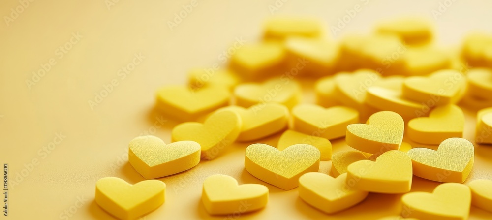 Scattered Yellow Hearts On A Solid Color Background, Minimalist Valentine s Day Design Scattered Yellow Hearts On A Solid Color Background, Minimalist Valentine s Day Design