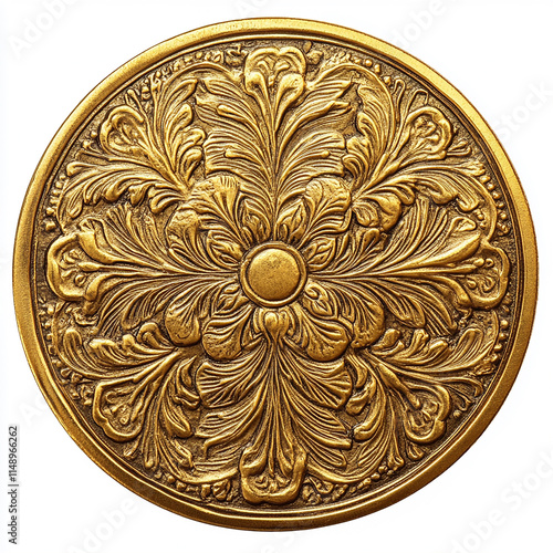 Decorative Golden Coin with Intricate Carvings - Photo Cutout on a White Background