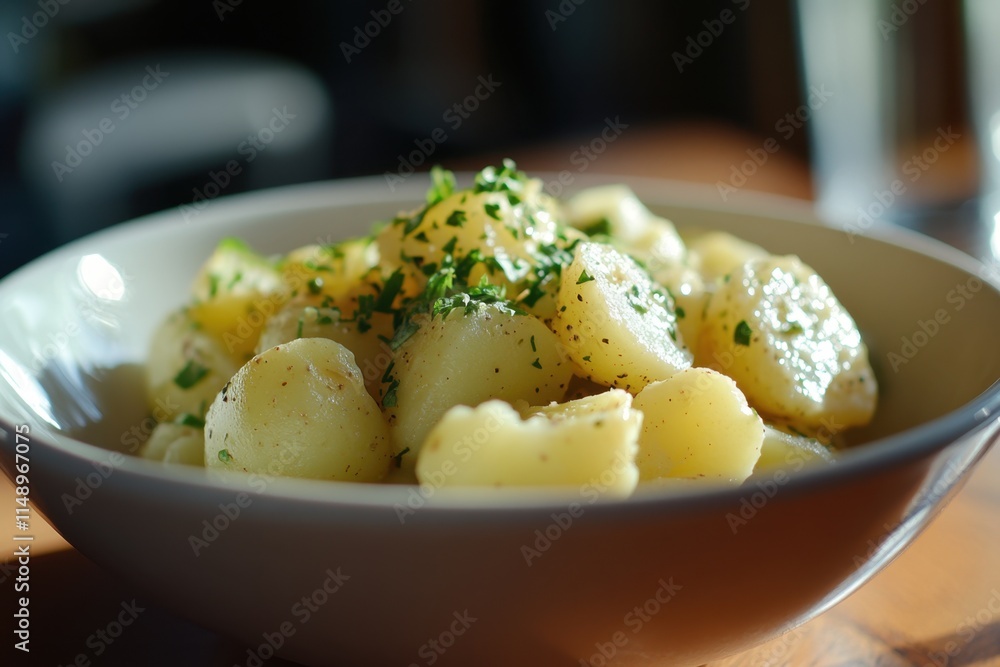 Delicious and fresh potato salad with herbs served in a bowl on a wooden table Delicious and fresh potato salad with herbs served in a bowl on a wooden table