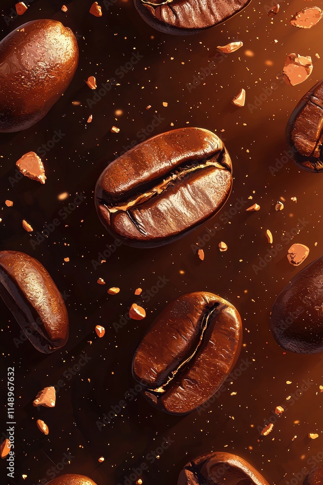 Close-up of coffee beans with golden highlights and suspended droplets Close-up of coffee beans with golden highlights and suspended droplets