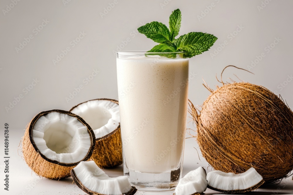 Refreshing coconut smoothie garnished with mint leaves on a clean countertop with coconuts Refreshing coconut smoothie garnished with mint leaves on a clean countertop with coconuts