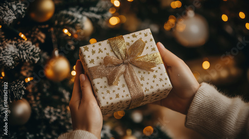 Warm Indoor Environment with a Christmas Tree in the Background, Gold Decorations, and the Host Handing a Gift to the Hostess