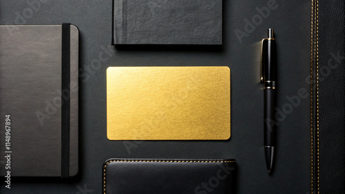 Real photo, branding mockup template of gold business cards, pens, notepad, etc., on a black background to place your design.