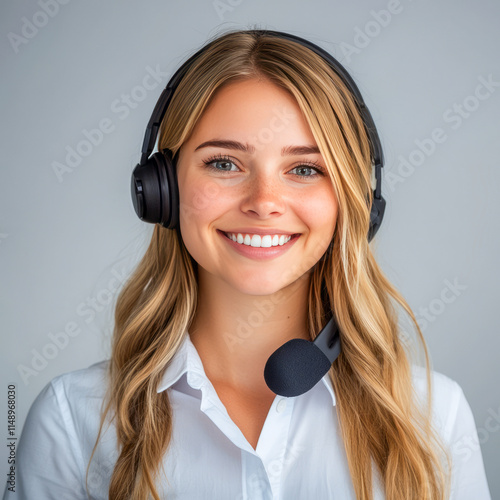 Smiling caucasian female customer service representative with headset photo