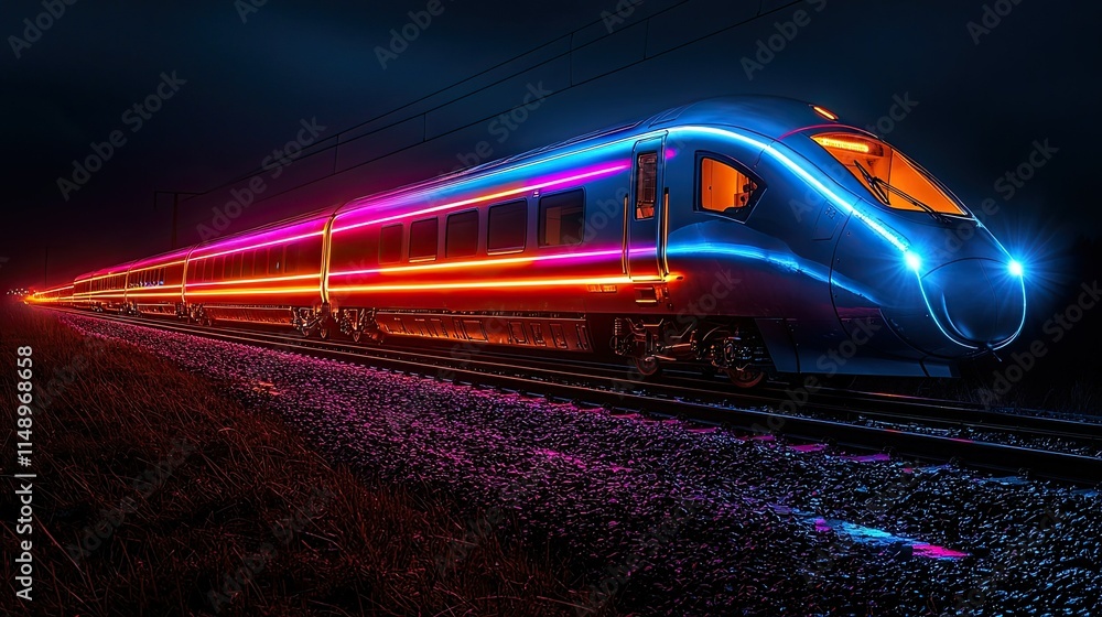 Naklejka premium A futuristic train illuminated with vibrant neon lights on a dark railway at night.