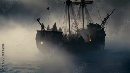 Enigmatic ghostly pirate ship disappearing into thick fog in stunning 4k video