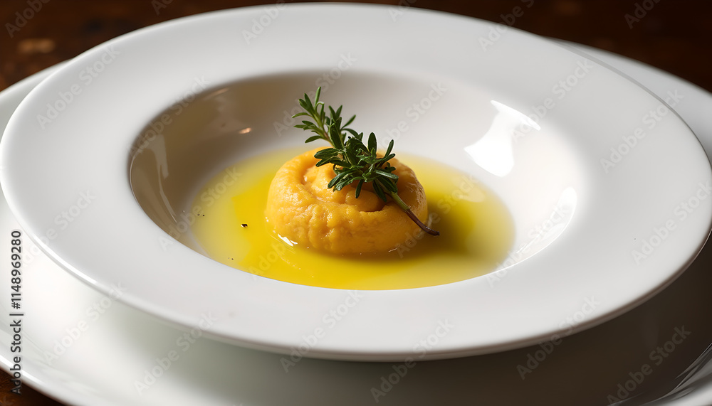 Gourmet pumpkin flan with rosemary garnish Gourmet pumpkin flan with rosemary garnish